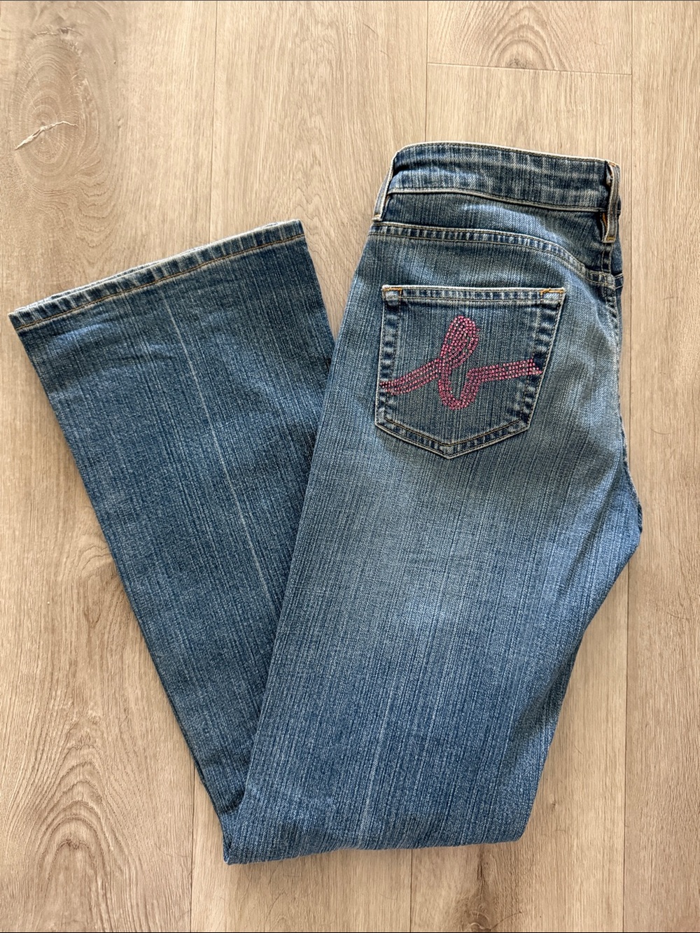 bebe Y2K Denim Bootcut Jeans with Pink Rhinestone Pockets